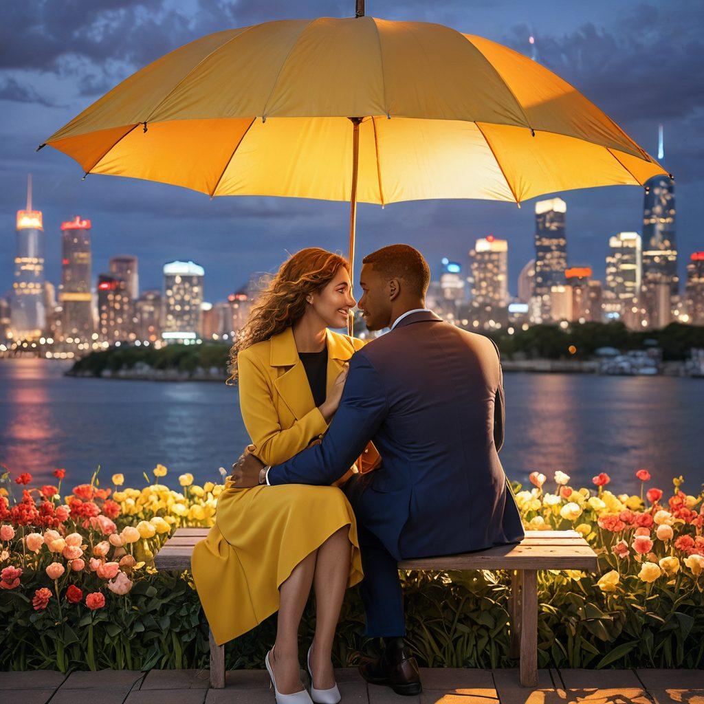 A cozy scene depicting a loving couple sitting together under a protective umbrella that symbolizes insurance, with warm light illuminating their faces. In the background, a vibrant city skyline represents future growth and security, while colorful flowers bloom around them, symbolizing love and protection. The atmosphere should be inviting and hopeful. super-realistic. vibrant colors. soft focus.