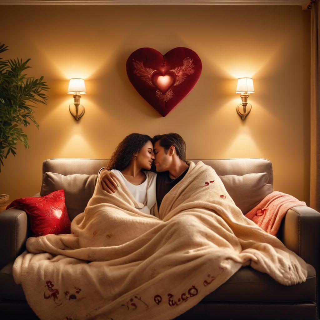 A cozy couple sitting together on a comfortable couch, surrounded by symbols of love and protection, such as heart icons and shields. Soft lighting enhances the warmth of their connection, while a backdrop of a serene home setting symbolizes the support and security offered. Include elements that represent affection and safety, like a blanket draped over their laps and family photos on the wall. Create a warm and inviting atmosphere. super-realistic. vibrant colors. warm tones.