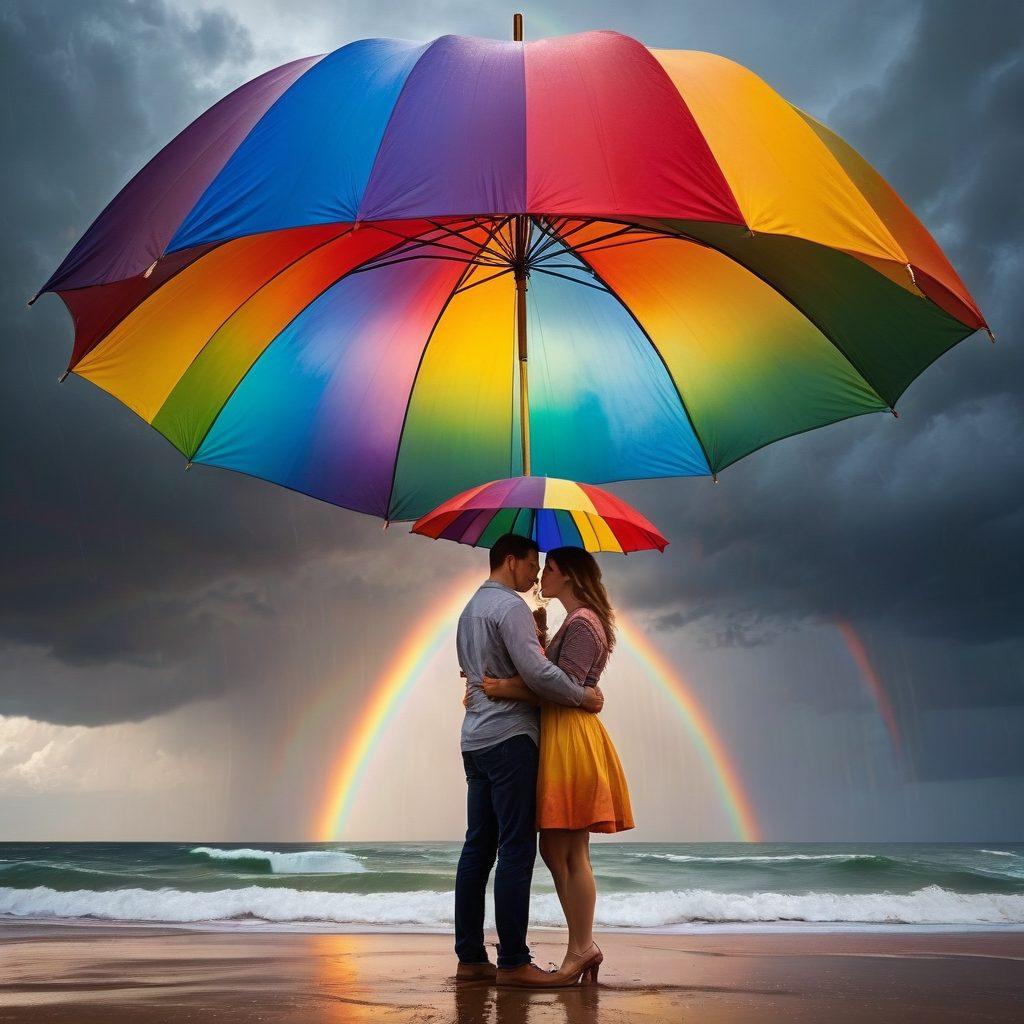A couple holding hands under a colorful umbrella amidst stormy weather, symbolizing protection and coverage in a relationship. They are surrounded by heart-shaped clouds and a bright, hopeful rainbow in the background, representing love and future together. The scene captures a warm, emotional connection with vibrant colors. super-realistic. bright and uplifting.